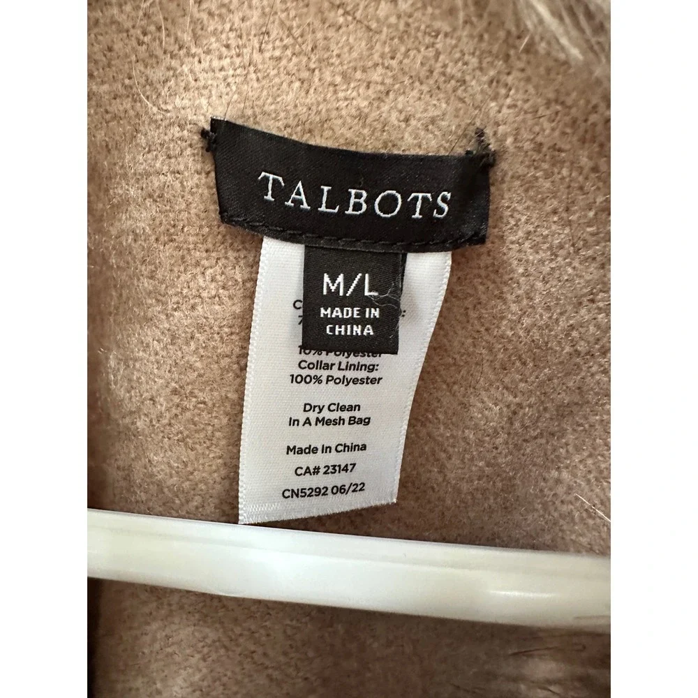 Talbots Camel Tan Faux Fur Collar Wrap Shawl Fringed Cape‎ M L